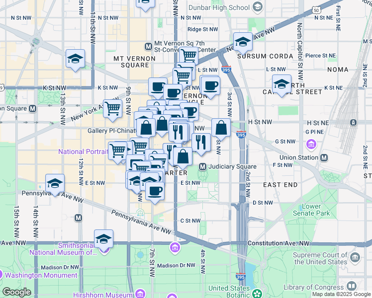 map of restaurants, bars, coffee shops, grocery stores, and more near 101 Independence Avenue Southeast in Washington