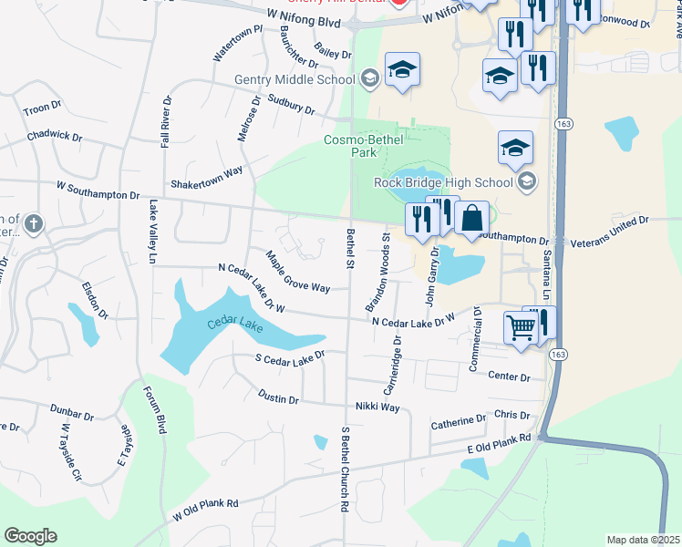 map of restaurants, bars, coffee shops, grocery stores, and more near 155 Maple Grove Way in Columbia