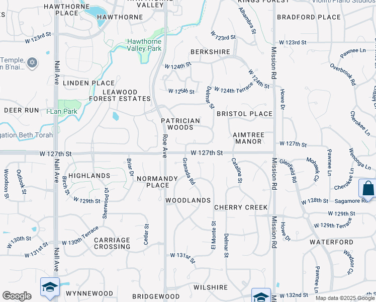 map of restaurants, bars, coffee shops, grocery stores, and more near 12701 Granada Road in Leawood