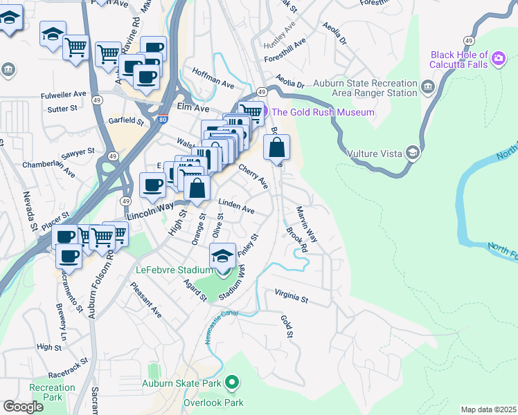 map of restaurants, bars, coffee shops, grocery stores, and more near 453 Linden Avenue in Auburn