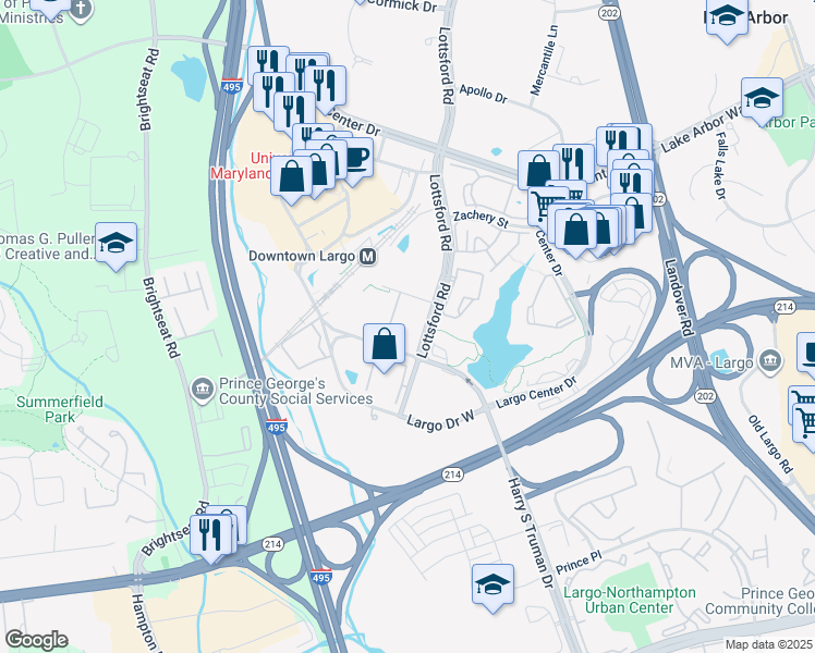map of restaurants, bars, coffee shops, grocery stores, and more near 9400 Grand Boulevard in Largo