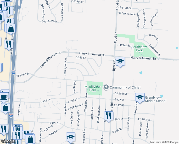 map of restaurants, bars, coffee shops, grocery stores, and more near 6832 East 123rd Terrace in Grandview
