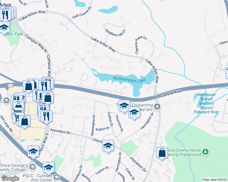 map of restaurants, bars, coffee shops, grocery stores, and more near 600 Brookedge Court in Bowie