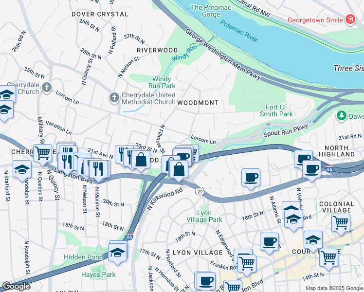 map of restaurants, bars, coffee shops, grocery stores, and more near 2335 North Edgewood Street in Arlington