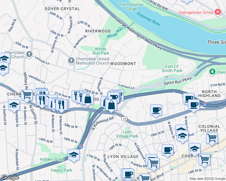 map of restaurants, bars, coffee shops, grocery stores, and more near 2335 North Edgewood Street in Arlington