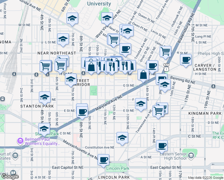 map of restaurants, bars, coffee shops, grocery stores, and more near 101 Independence Avenue Southeast in Washington