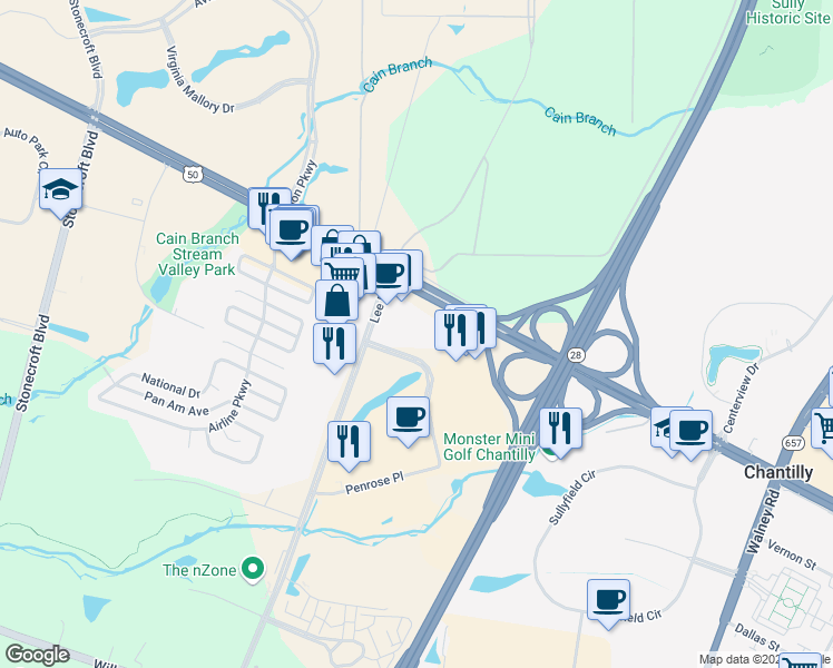 map of restaurants, bars, coffee shops, grocery stores, and more near 14440 Chantilly Crossing Lane in Chantilly