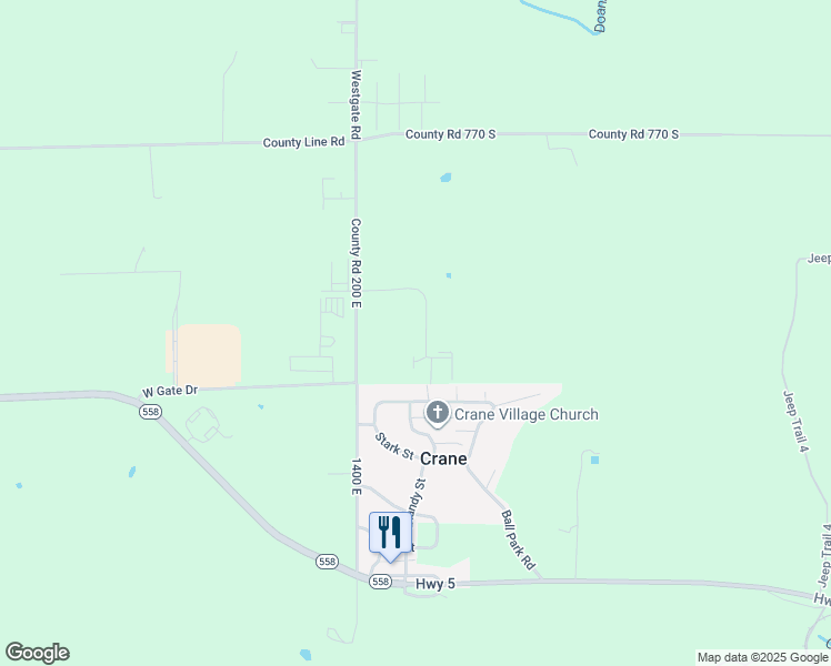 map of restaurants, bars, coffee shops, grocery stores, and more near 27610 1400 East in Crane