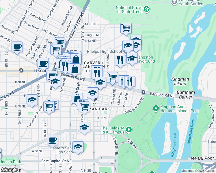 map of restaurants, bars, coffee shops, grocery stores, and more near 101 Independence Avenue Southeast in Washington