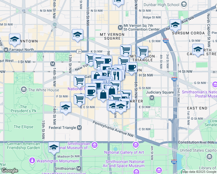 map of restaurants, bars, coffee shops, grocery stores, and more near 701 9th Street Northwest in Washington