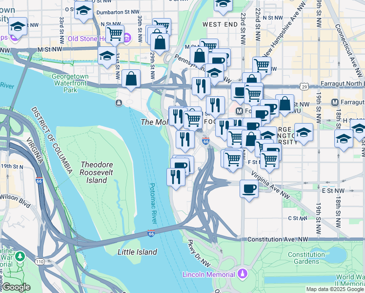 map of restaurants, bars, coffee shops, grocery stores, and more near 700 New Hampshire Avenue Northwest in Washington