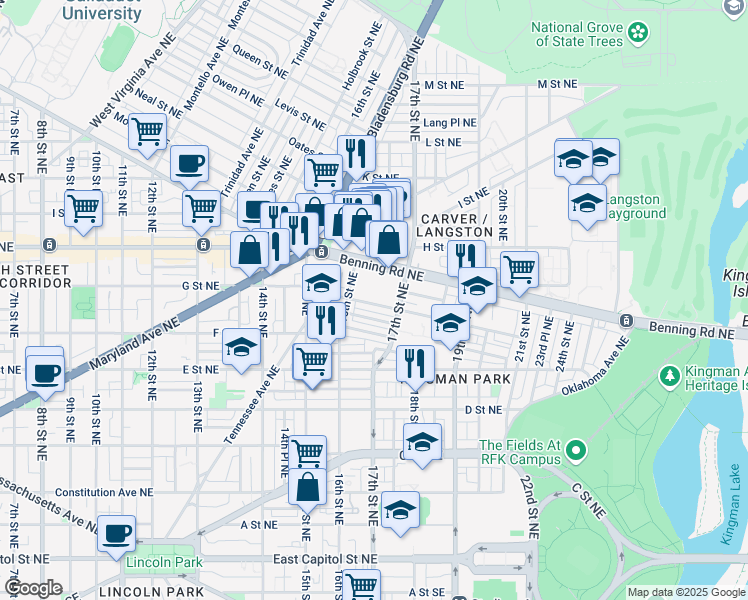 map of restaurants, bars, coffee shops, grocery stores, and more near 1628 Gales Street Northeast in Washington