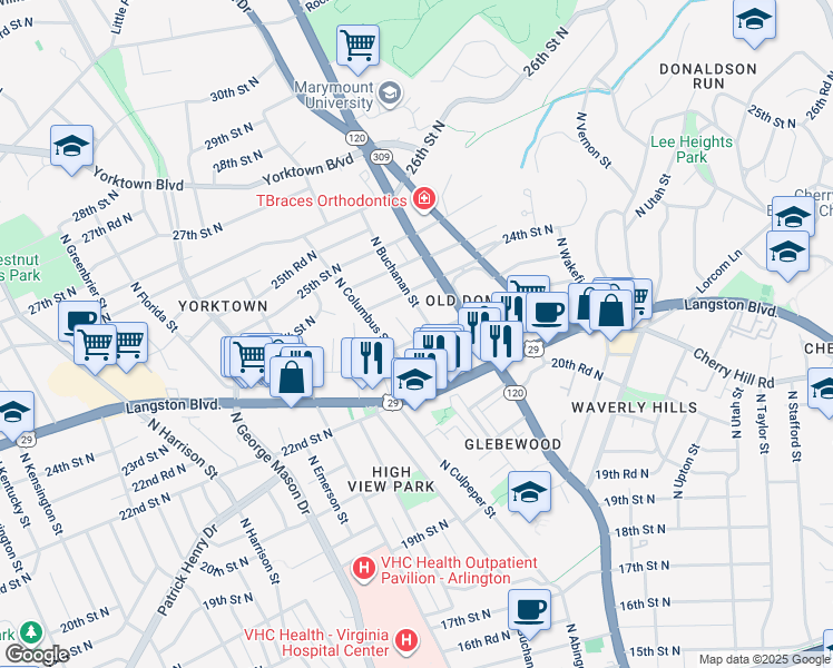 map of restaurants, bars, coffee shops, grocery stores, and more near 2303 North Burlington Street in Arlington