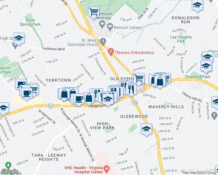 map of restaurants, bars, coffee shops, grocery stores, and more near 2303 North Burlington Street in Arlington