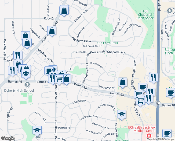 map of restaurants, bars, coffee shops, grocery stores, and more near 4630 Iron Horse Trail in Colorado Springs