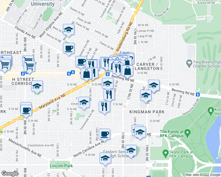 map of restaurants, bars, coffee shops, grocery stores, and more near 1521 Gales Street Northeast in Washington
