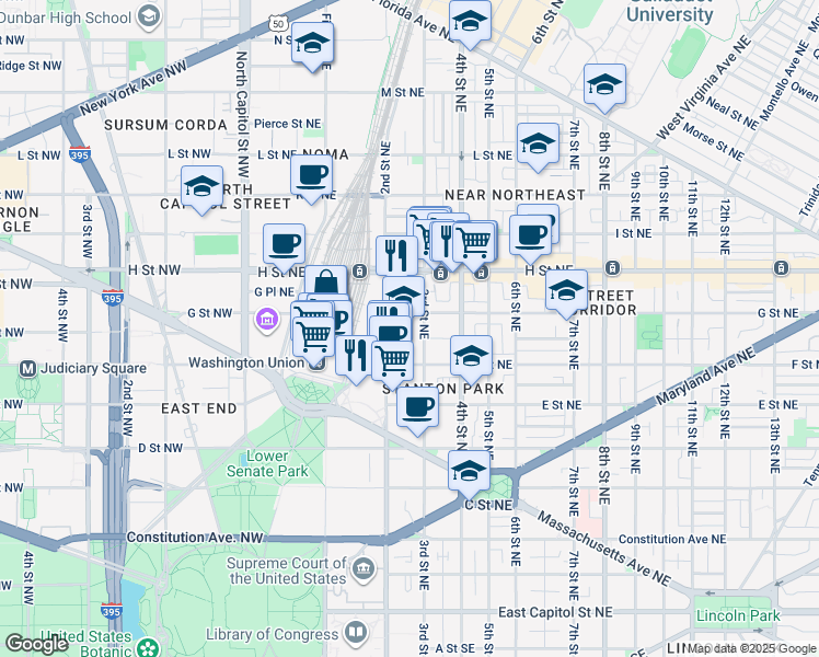 map of restaurants, bars, coffee shops, grocery stores, and more near 215 G Street Northeast in Washington