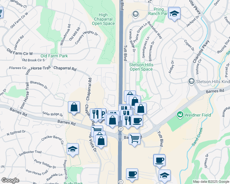 map of restaurants, bars, coffee shops, grocery stores, and more near 4552 Asher Heights in Colorado Springs