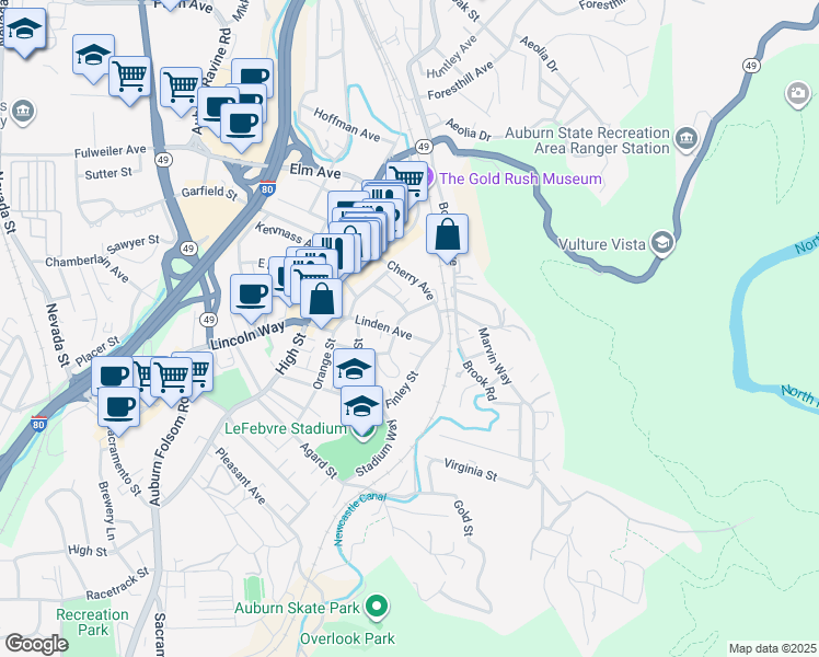 map of restaurants, bars, coffee shops, grocery stores, and more near 425 Linden Avenue in Auburn