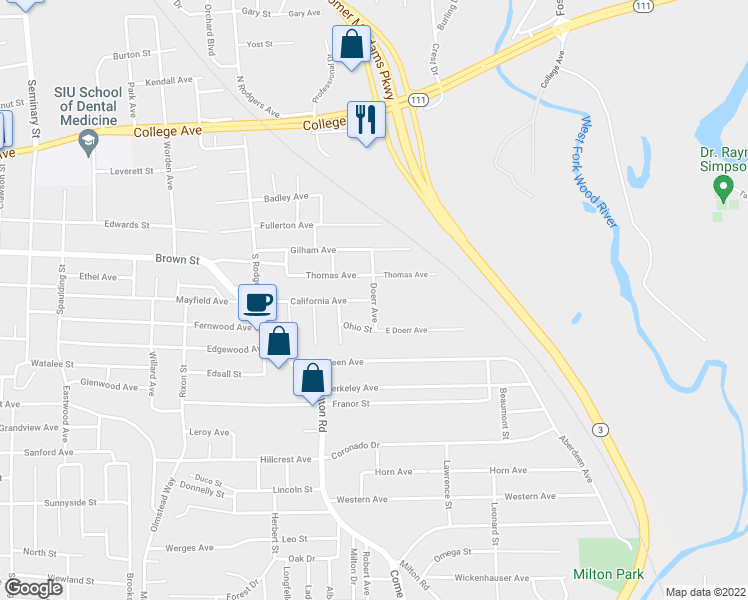 map of restaurants, bars, coffee shops, grocery stores, and more near 1420 Doerr Street in Alton