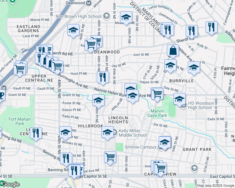 map of restaurants, bars, coffee shops, grocery stores, and more near 101 Independence Avenue Southeast in Washington