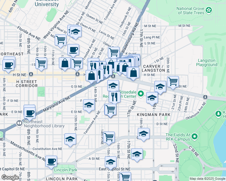 map of restaurants, bars, coffee shops, grocery stores, and more near 1509 Gales Street Northeast in Washington