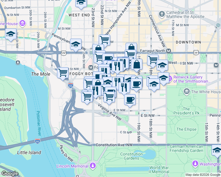 map of restaurants, bars, coffee shops, grocery stores, and more near 2119 G Street Northwest in Washington