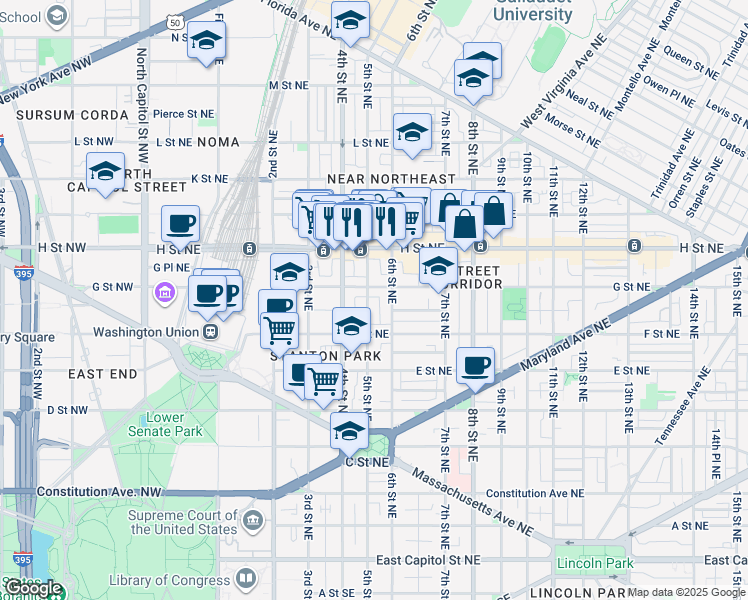 map of restaurants, bars, coffee shops, grocery stores, and more near 643 5th Street Northeast in Washington
