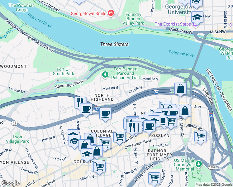 map of restaurants, bars, coffee shops, grocery stores, and more near 2103 North Scott Street in Arlington