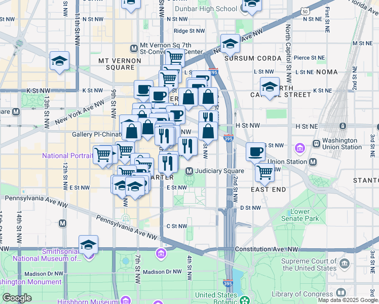 map of restaurants, bars, coffee shops, grocery stores, and more near 441 G Street Northwest in Washington