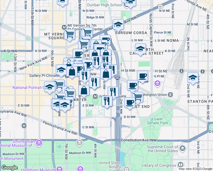 map of restaurants, bars, coffee shops, grocery stores, and more near 333 G Street Northwest in Washington