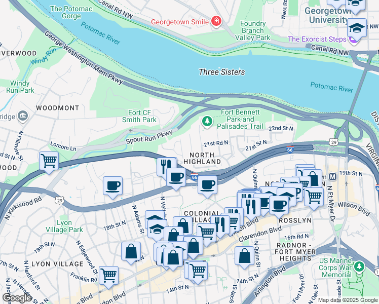 map of restaurants, bars, coffee shops, grocery stores, and more near 2108 North Troy Street in Arlington