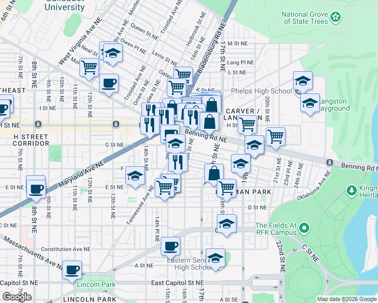 map of restaurants, bars, coffee shops, grocery stores, and more near 16th Street Northeast & Gales Street Northeast in Washington