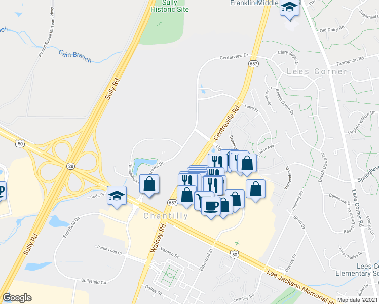 map of restaurants, bars, coffee shops, grocery stores, and more near 3859 Centerview Drive in Chantilly