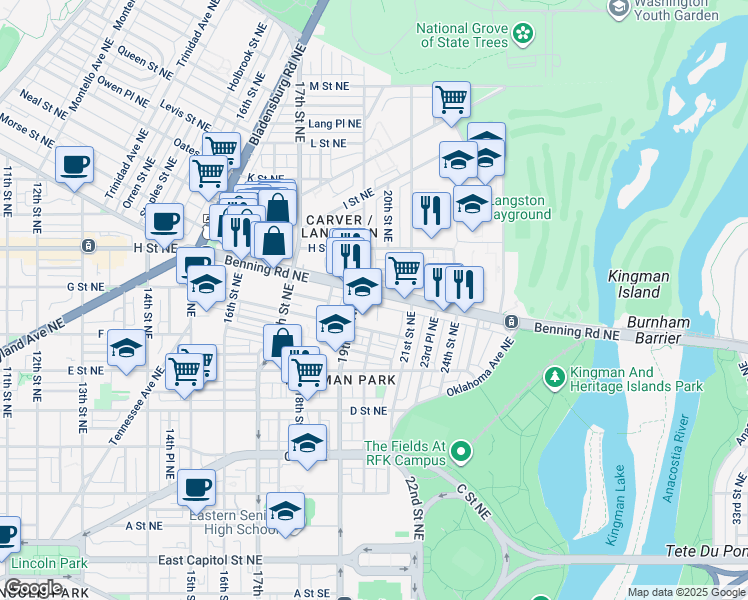 map of restaurants, bars, coffee shops, grocery stores, and more near 101 Independence Avenue Southeast in Washington