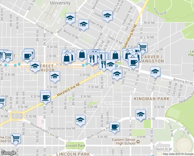 map of restaurants, bars, coffee shops, grocery stores, and more near 641 Elliott Street Northeast in Washington