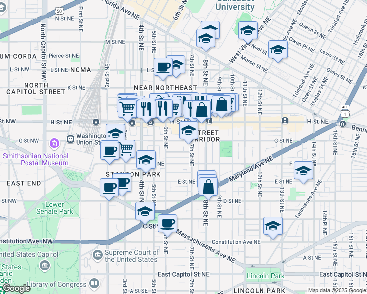 map of restaurants, bars, coffee shops, grocery stores, and more near 659 G Street Northeast in Washington