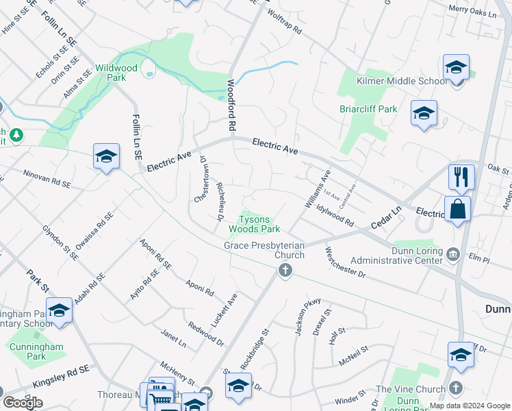 map of restaurants, bars, coffee shops, grocery stores, and more near 8501 Idylwood Valley Place in Vienna