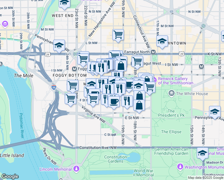 map of restaurants, bars, coffee shops, grocery stores, and more near 700 20th Street Northwest in Washington