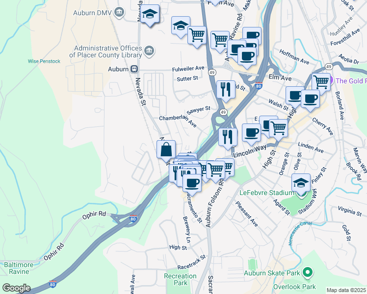 map of restaurants, bars, coffee shops, grocery stores, and more near 287 Placer Street in Auburn
