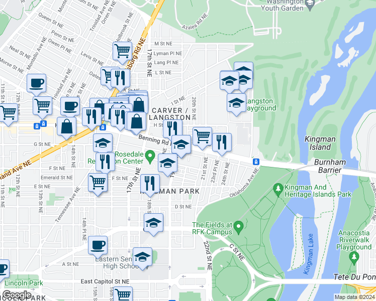 map of restaurants, bars, coffee shops, grocery stores, and more near 101 Independence Avenue Southeast in Washington