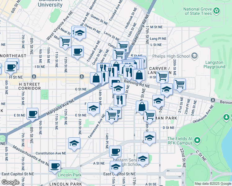 map of restaurants, bars, coffee shops, grocery stores, and more near 101 Independence Avenue Southeast in Washington