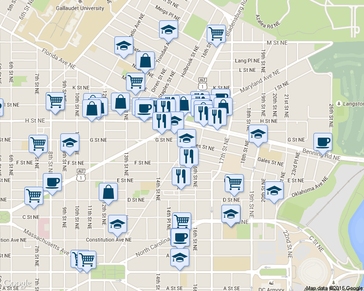 map of restaurants, bars, coffee shops, grocery stores, and more near 101 Independence Avenue Southeast in Washington