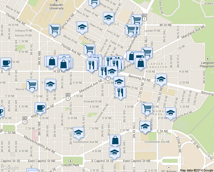 map of restaurants, bars, coffee shops, grocery stores, and more near 101 Independence Avenue Southeast in Washington