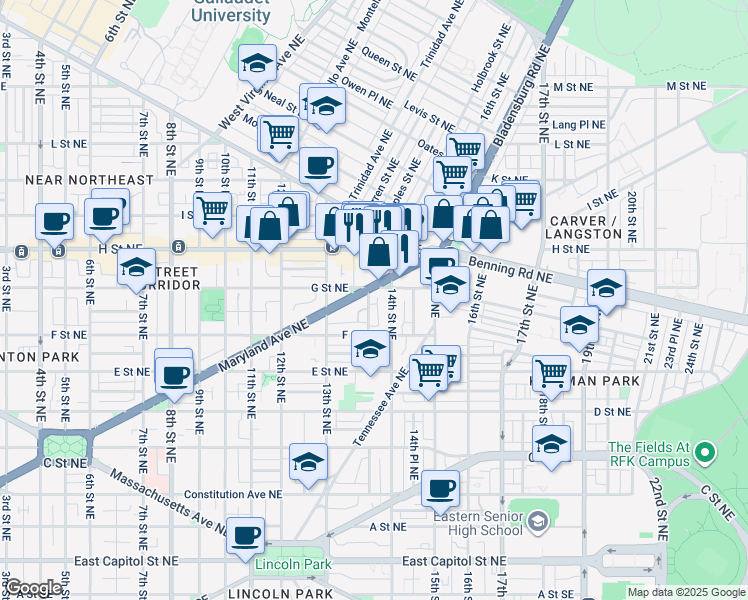 map of restaurants, bars, coffee shops, grocery stores, and more near 641 Elliott Street Northeast in Washington