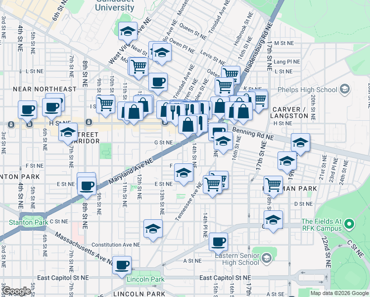 map of restaurants, bars, coffee shops, grocery stores, and more near 101 Independence Avenue Southeast in Washington
