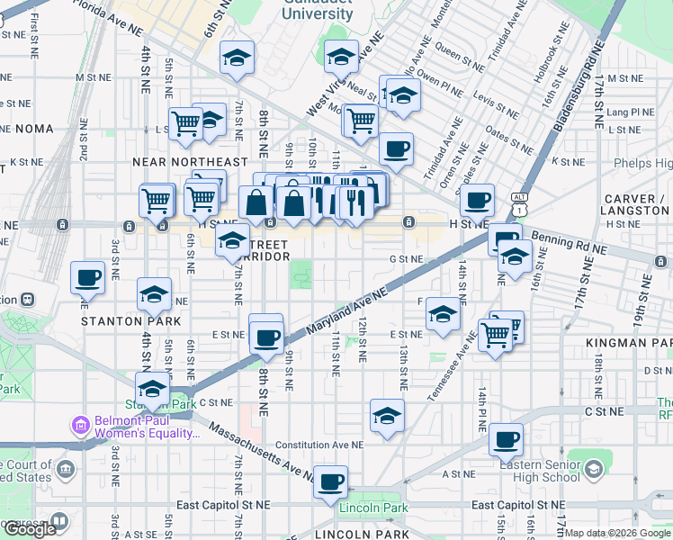 map of restaurants, bars, coffee shops, grocery stores, and more near 101 Independence Avenue Southeast in Washington