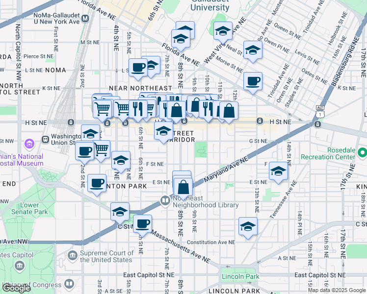 map of restaurants, bars, coffee shops, grocery stores, and more near 101 Independence Avenue Southeast in Washington
