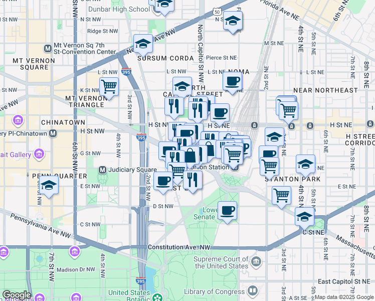 map of restaurants, bars, coffee shops, grocery stores, and more near 101 Independence Avenue Southeast in Washington