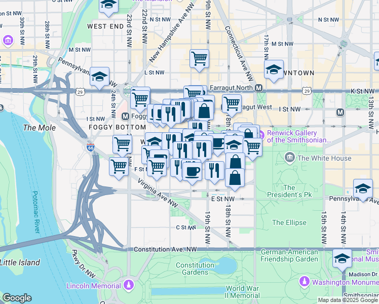 map of restaurants, bars, coffee shops, grocery stores, and more near 101 Independence Avenue Southeast in Washington